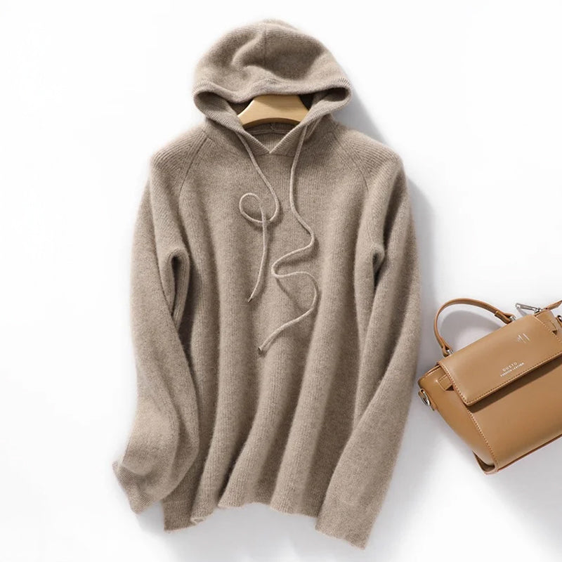 Alona Women’s Knit Ribbed Hoodie – Soft Wool Blend with Relaxed Fit Sweater