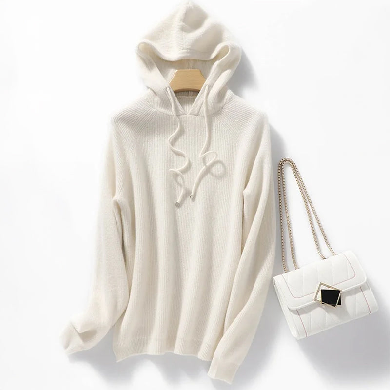 Alona Women’s Knit Ribbed Hoodie – Soft Wool Blend with Relaxed Fit Sweater