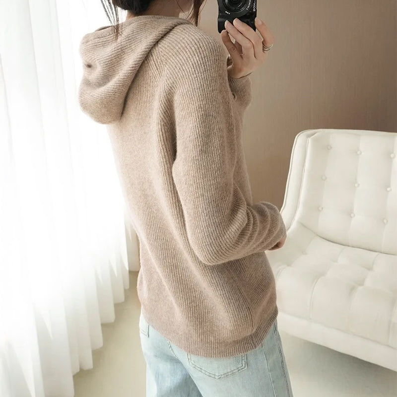 Alona Women’s Knit Ribbed Hoodie – Soft Wool Blend with Relaxed Fit Sweater