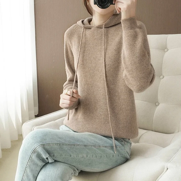 Alona Women’s Knit Ribbed Hoodie – Soft Wool Blend with Relaxed Fit Sweater