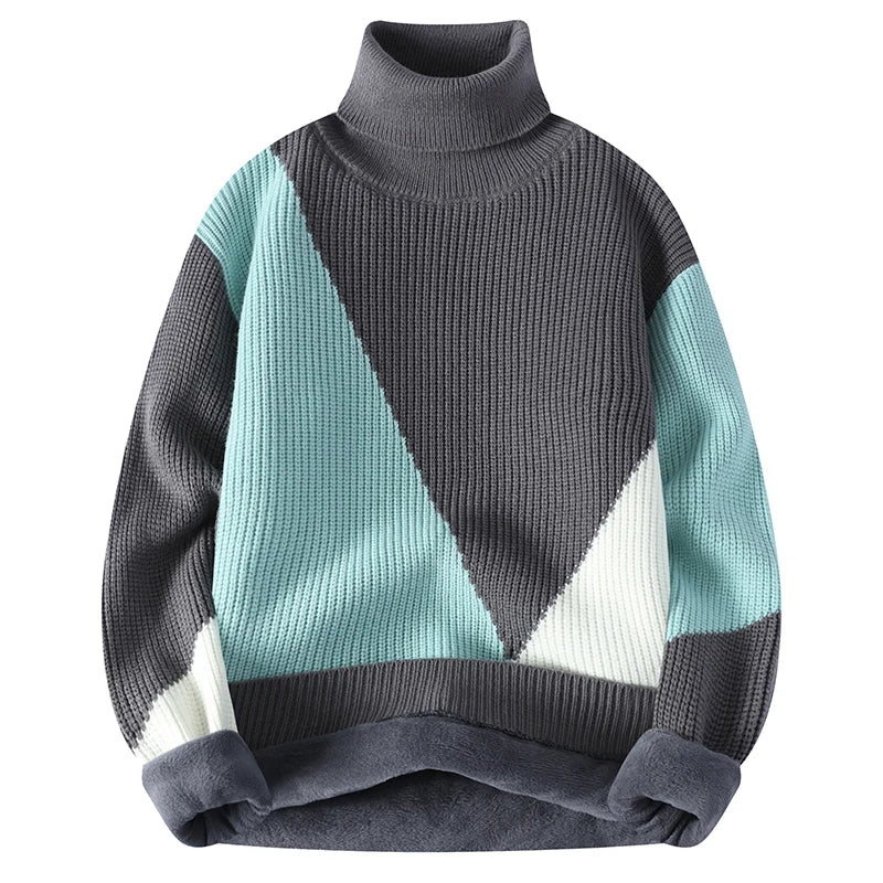 Wyatt Men’s Turtleneck Sweater – Color-Block Wool-Nylon Blend with Fleece Lining