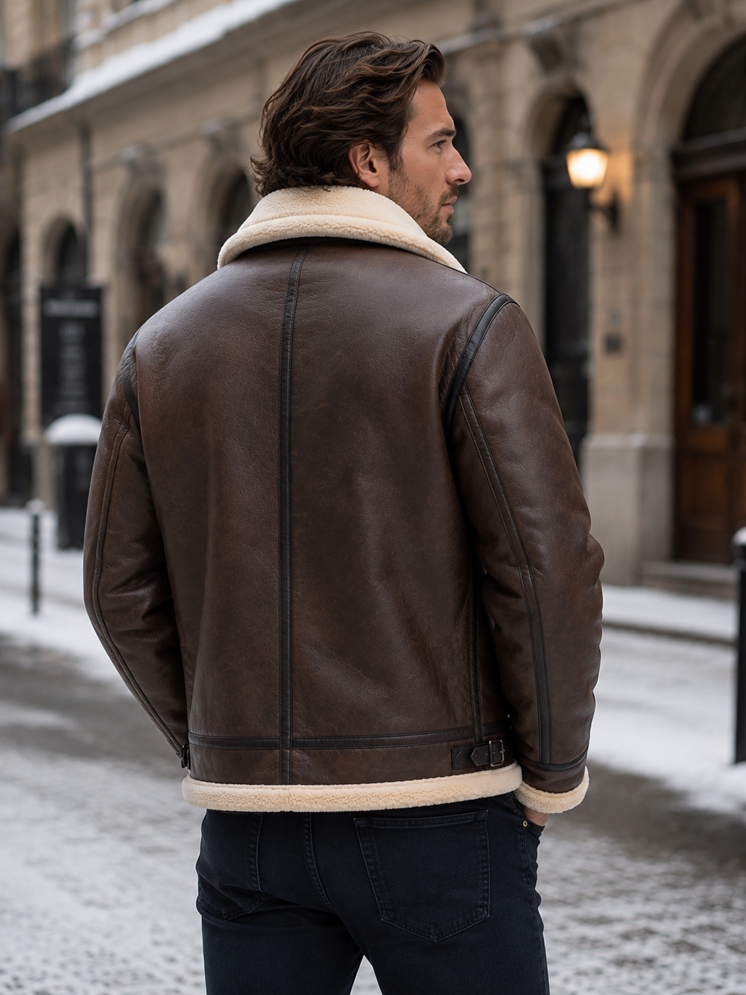 A man wearing a brown shearling aviator jacket with a leather exterior and shearling collar, shown from the back