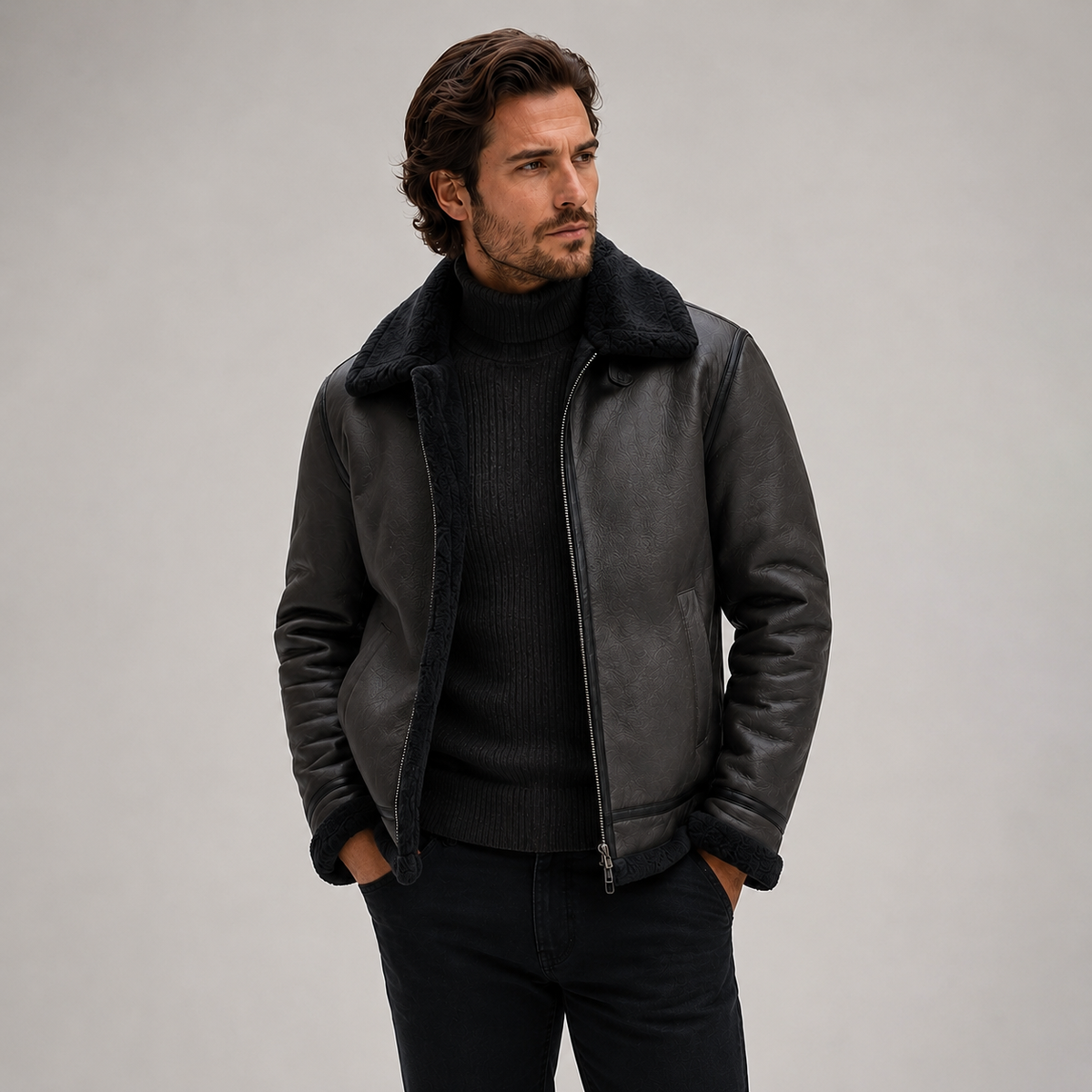 A man wearing a black shearling aviator jacket with a leather exterior, shearling collar, and zip front