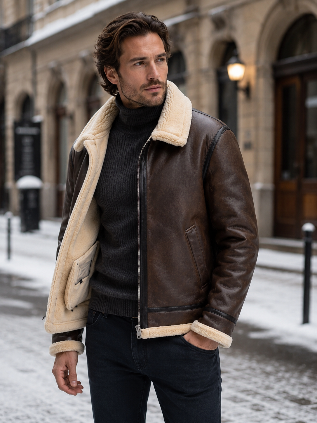 A man wearing a brown shearling aviator jacket with a leather exterior, shearling collar, and zip front, walking on a city street