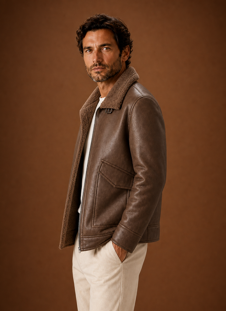 Brown shearling aviator jacket for men worn by a male model, side view with leather shell and shearling lining