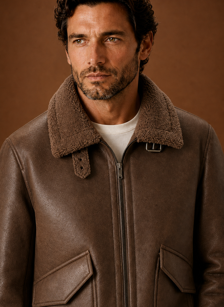 Brown shearling aviator jacket for men worn by a male model, close-up showing the shearling collar and zip front