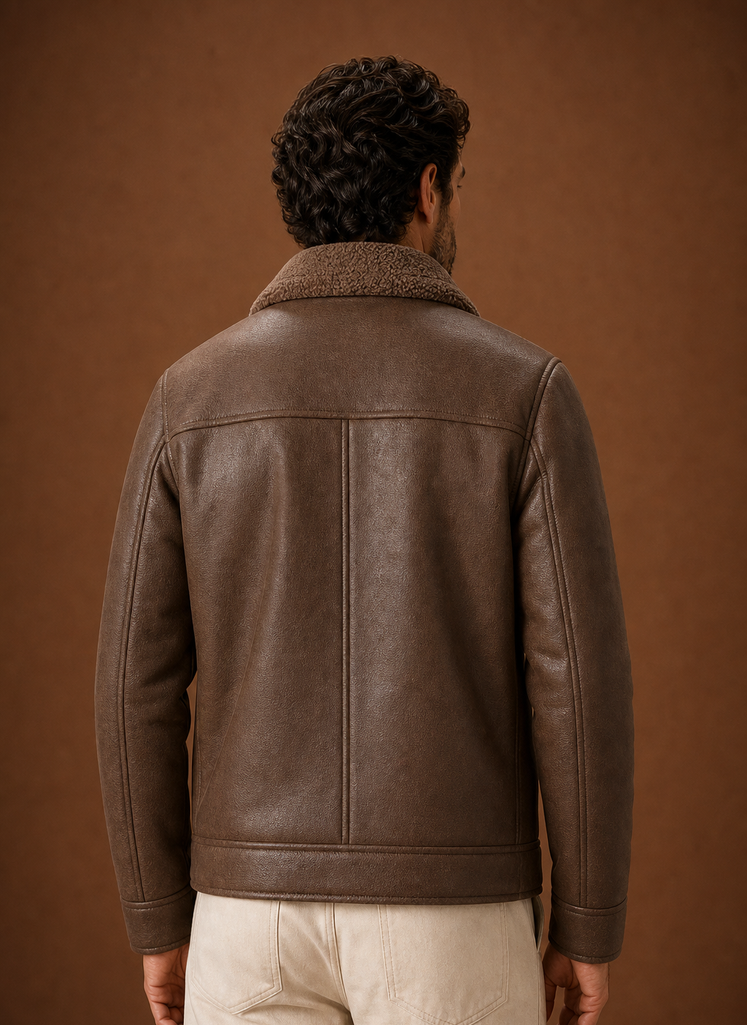 Brown shearling aviator jacket for men worn by a male model, back view with leather shell and shearling lining
