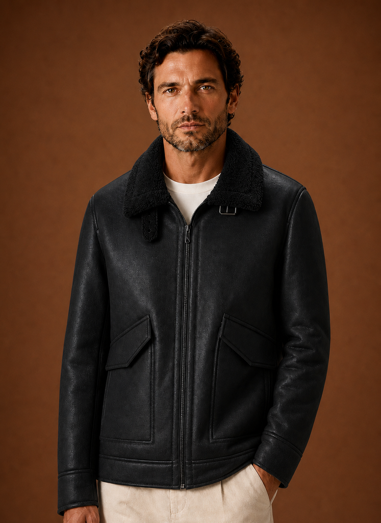 Black shearling aviator jacket for men worn by a male model, front view with leather shell and zip front