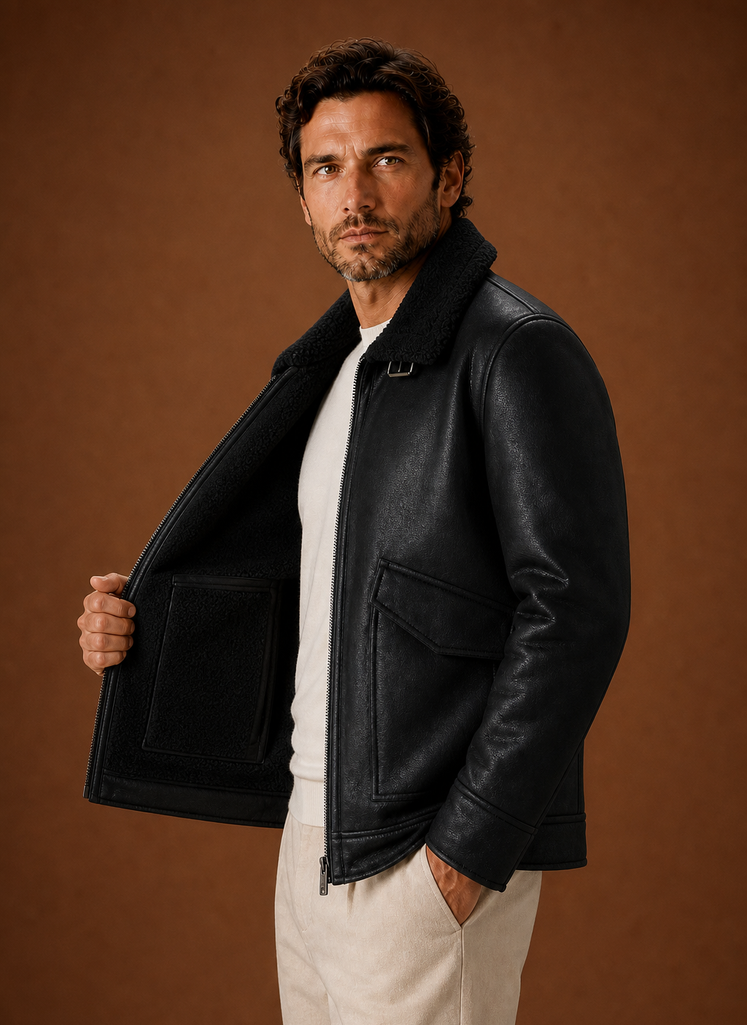 Black shearling aviator jacket for men worn by a male model, front view showing the leather shell and shearling lining