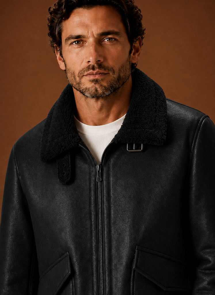 Black shearling aviator jacket for men close-up showing the leather shell, shearling collar, and zip front