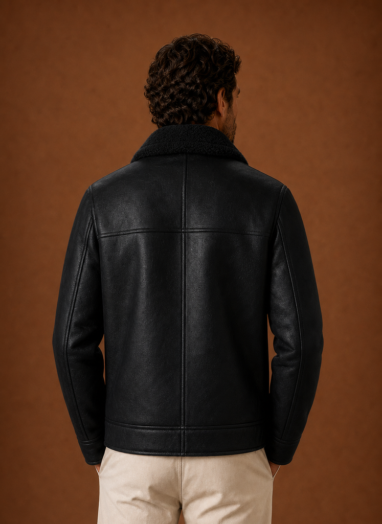 Black shearling aviator jacket for men worn by a male model, back view with leather shell and shearling lining