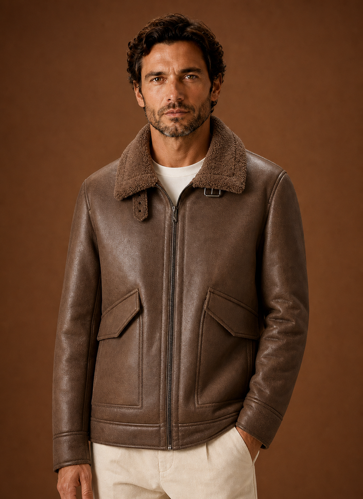 Brown shearling aviator jacket for men with shearling lining, leather shell, zip front, and flap pockets, worn by a male model