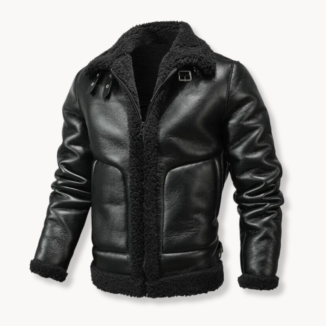 A black shearling leather jacket with plush lining, buckle collar, zip front, and buckle details, shown flat