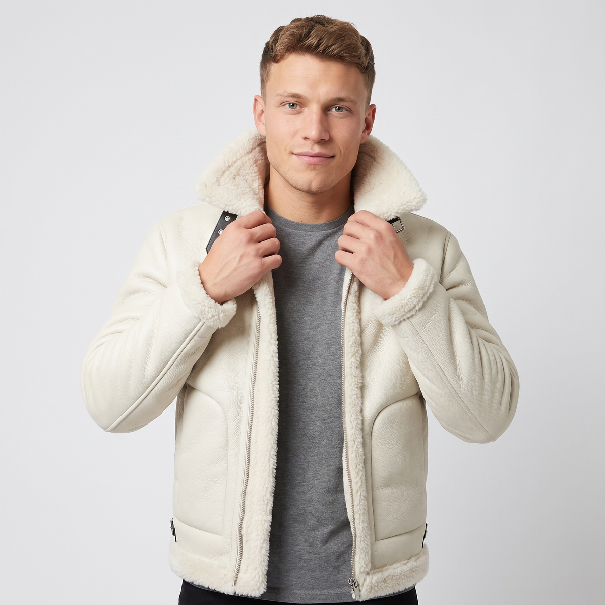 A man wearing a white shearling leather jacket with plush lining and buckle collar, adjusting the collar