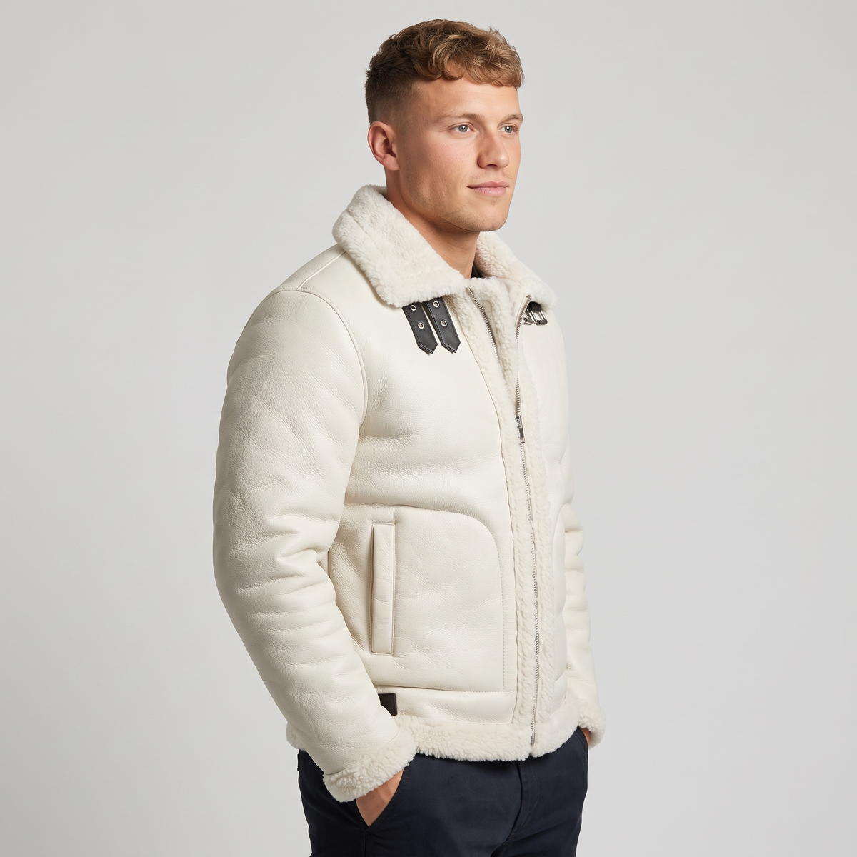 A man wearing a white shearling leather jacket with plush lining and buckle collar, side view