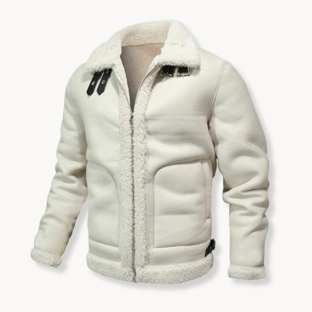 A white shearling leather jacket with plush lining, buckle collar, and zip front, shown flat
