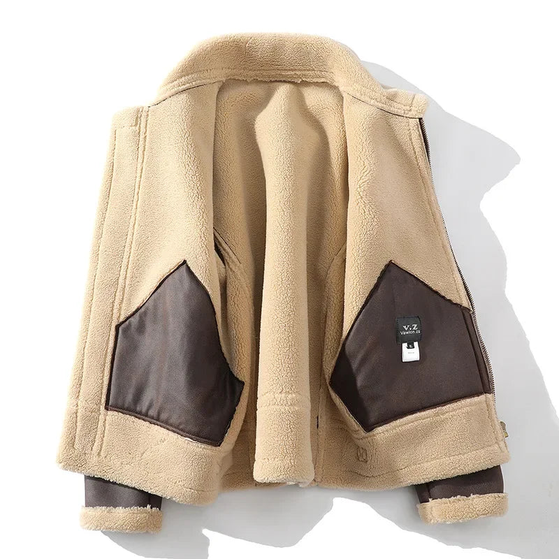 Dark brown sherpa-lined aviator jacket shown from the inside, highlighting the thick fleece lining and zippered pockets