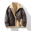 Dark brown sherpa-lined aviator jacket with thick fleece, turn-down collar, zip front, and zippered pockets