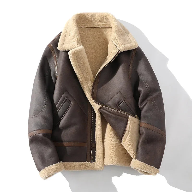 Dark brown sherpa-lined aviator jacket with thick fleece, turn-down collar, zip front, and zippered pockets