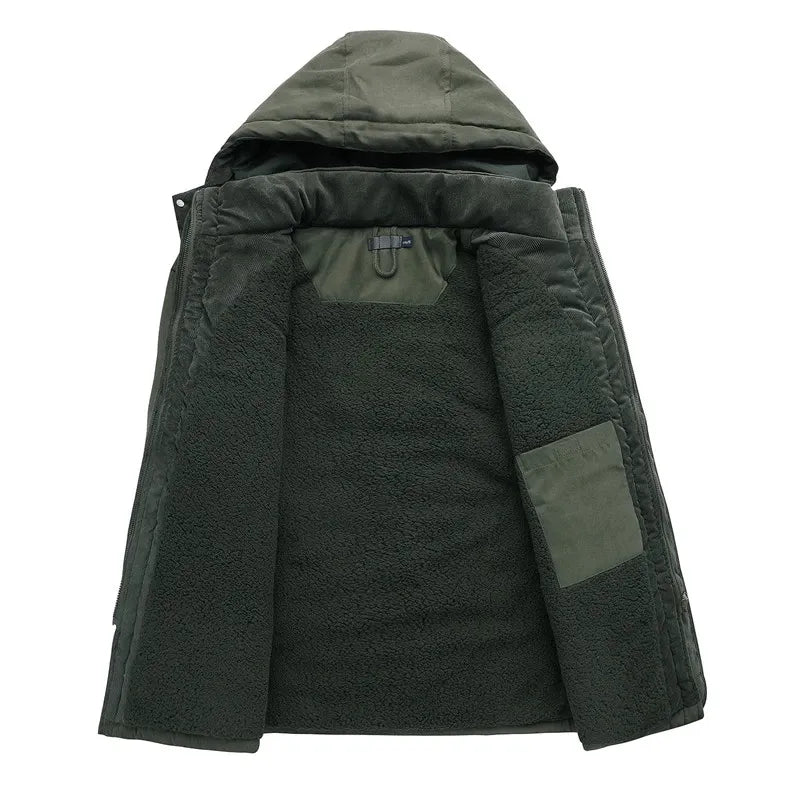 Green sherpa-lined hooded parka showing the hood and back details