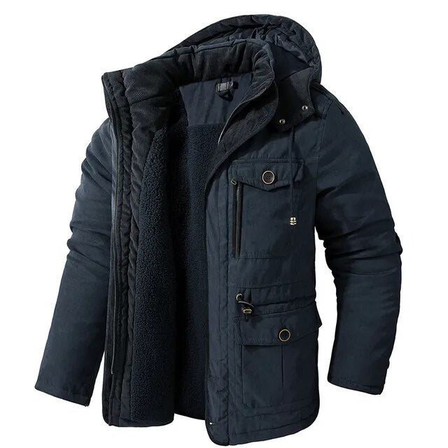 Navy sherpa-lined hooded parka with multi-pocket utility design