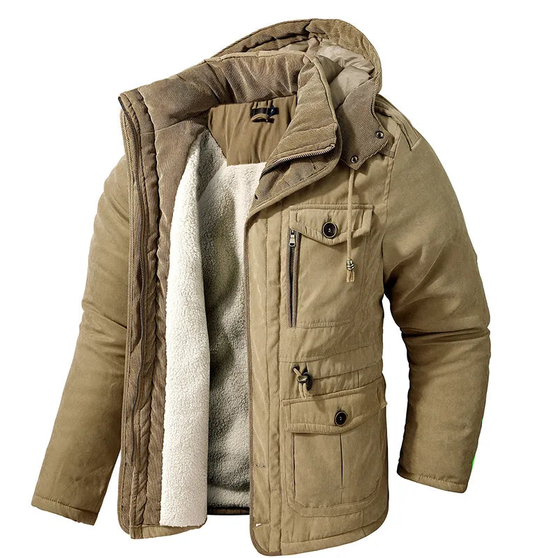 Dark beige sherpa-lined hooded parka with multi-pocket utility design and corduroy trim