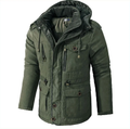 Green sherpa-lined hooded parka with multi-pocket utility design and corduroy trim