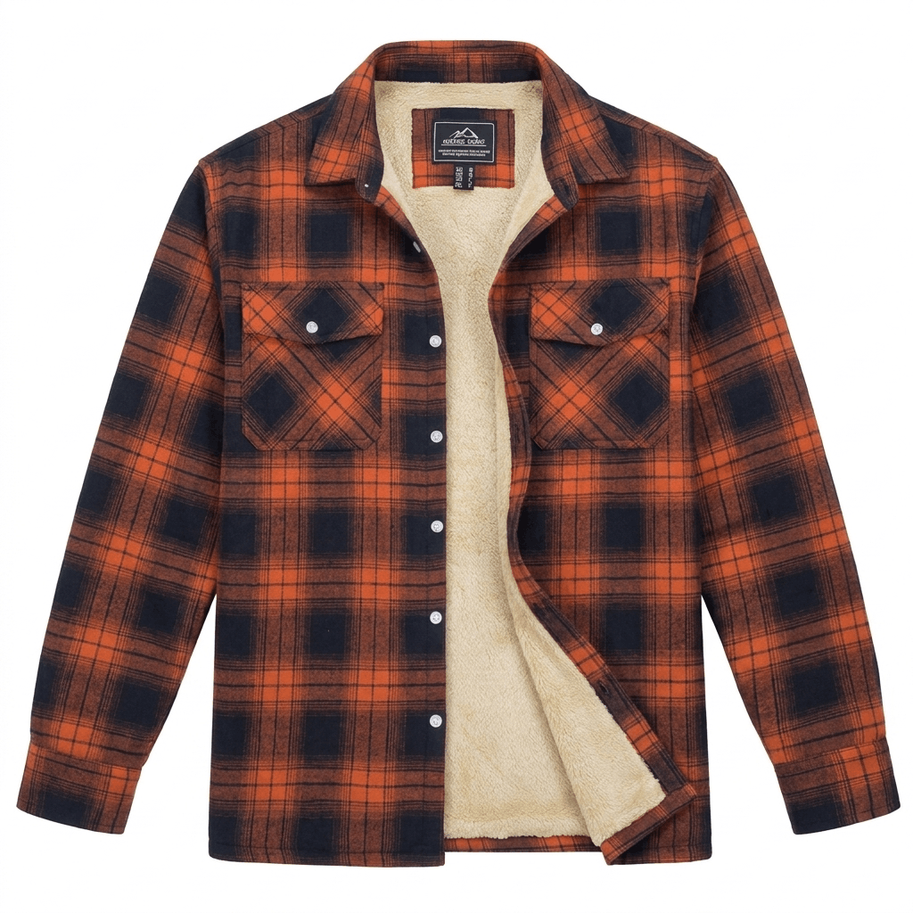 Orange and black plaid sherpa-lined overshirt jacket displayed flat, showing the cream interior lining, button closure, and chest pockets.