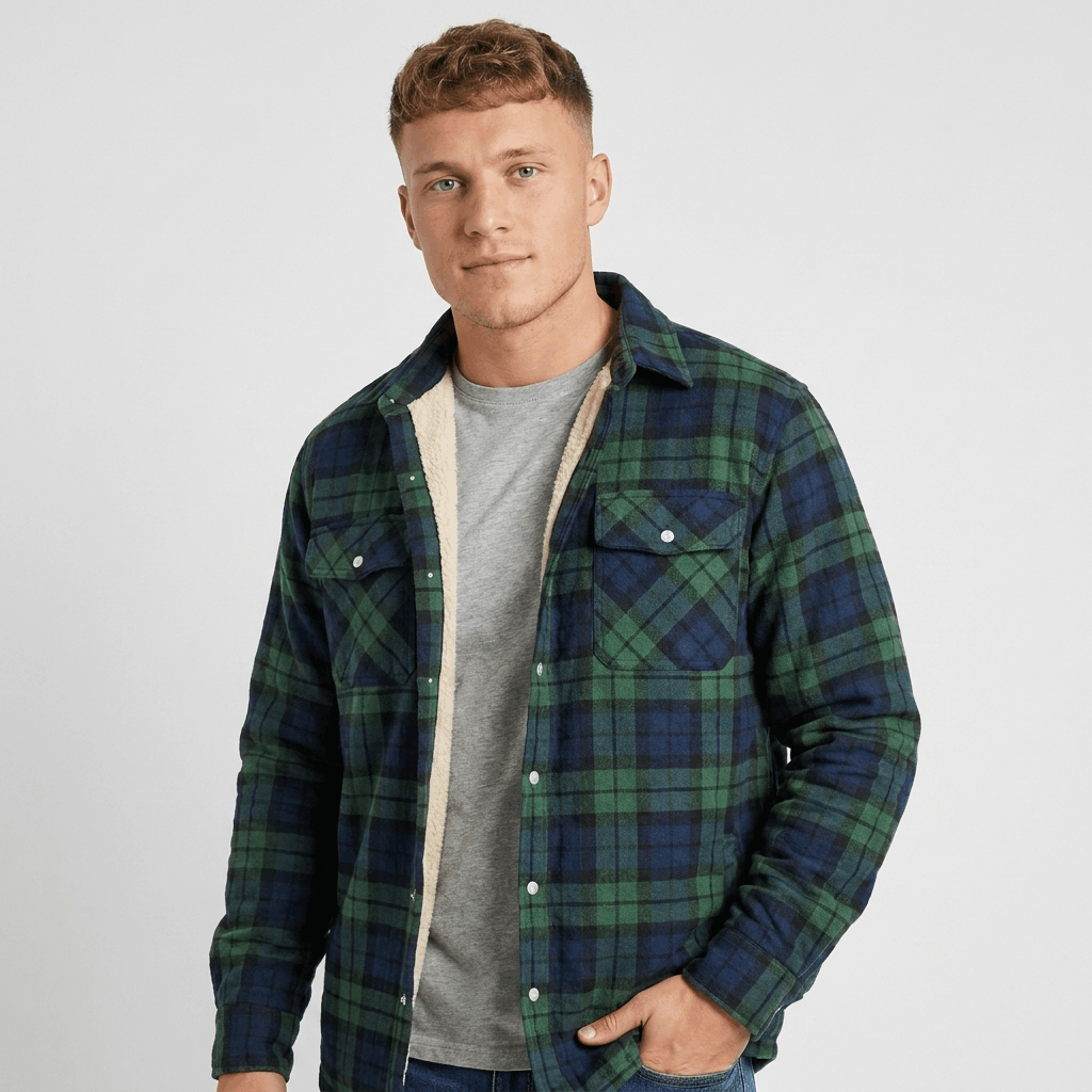 Man wearing a green and navy plaid sherpa-lined overshirt jacket with a button-front closure, chest pockets, and long sleeves.