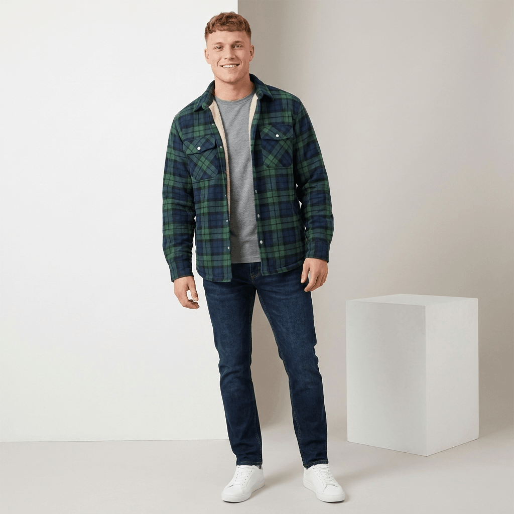 Green and navy plaid sherpa-lined overshirt jacket displayed flat, featuring a pointed collar, button-front closure, chest pockets, and cream lining.