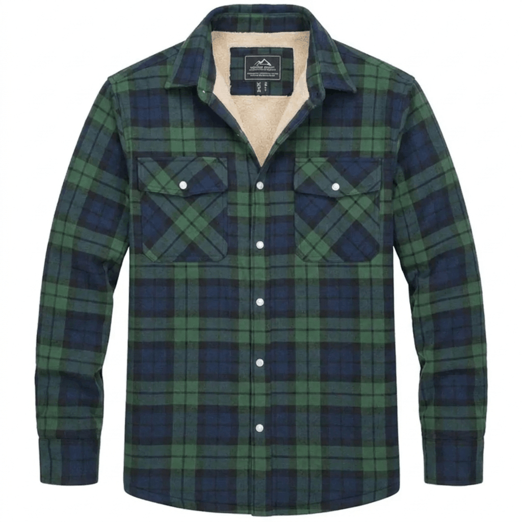 Green and navy plaid sherpa-lined overshirt jacket displayed flat, featuring a pointed collar, button-front closure, chest pockets, and cream lining.