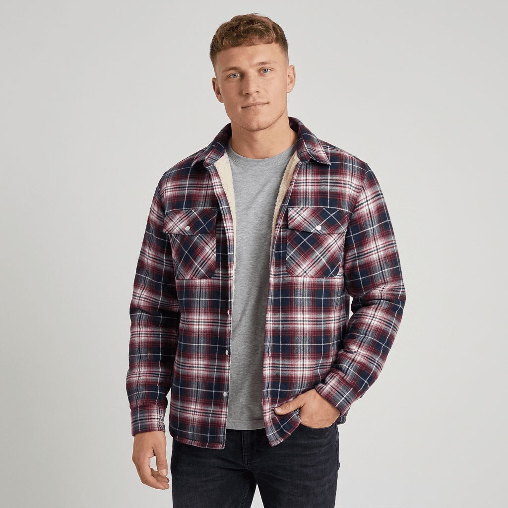 Man wearing a burgundy, navy, and white plaid overshirt jacket with a button-front closure and chest pockets.
