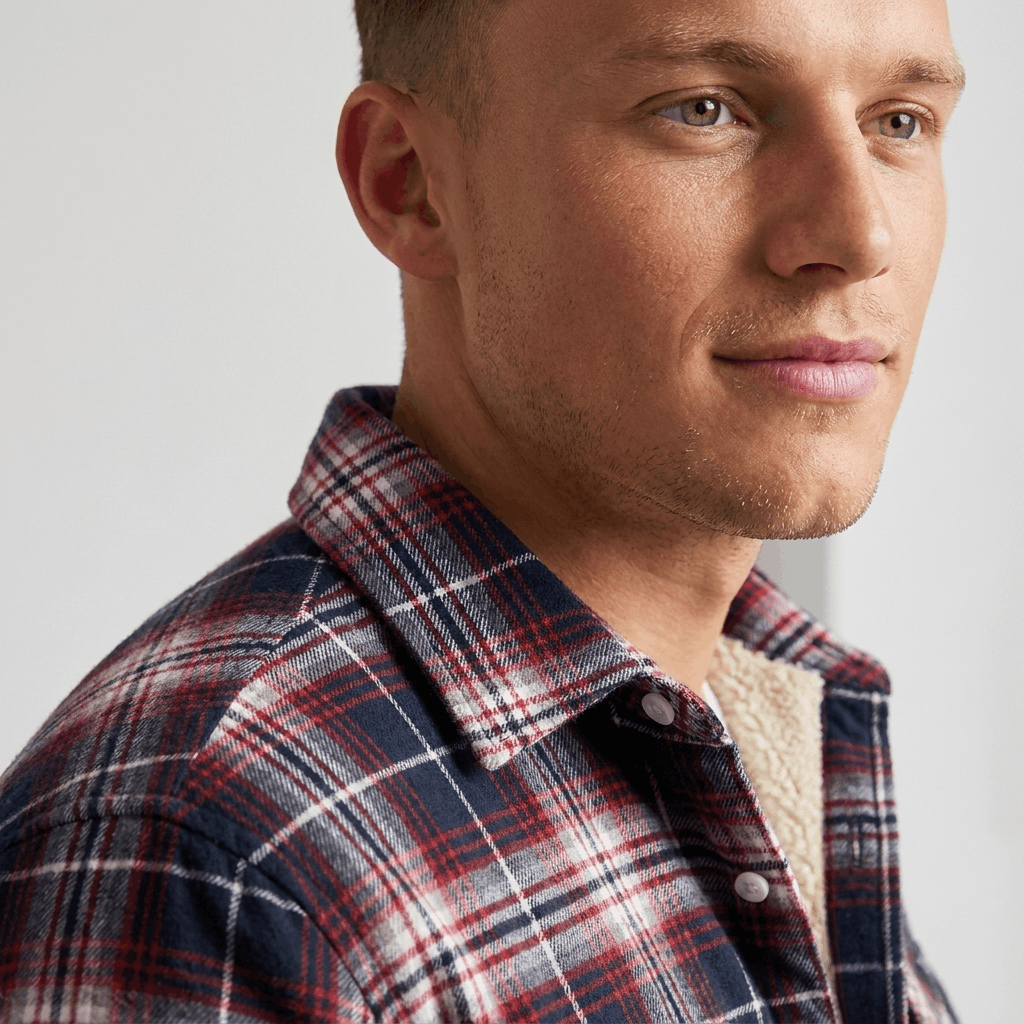 Close-up of a man wearing a red, navy, and white plaid sherpa-lined overshirt jacket with a pointed collar and button-front closure.