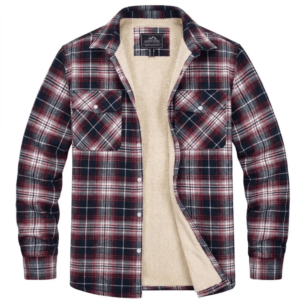 Red, navy, and white plaid sherpa-lined overshirt jacket displayed flat, featuring a button-front closure, pointed collar, chest pockets, and cream-colored lining.