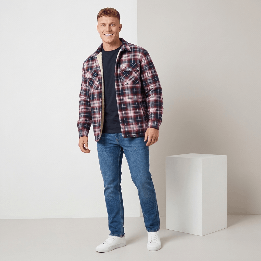 Man wearing a red, navy, and white plaid sherpa-lined overshirt jacket with blue jeans and white sneakers in a studio setting.
