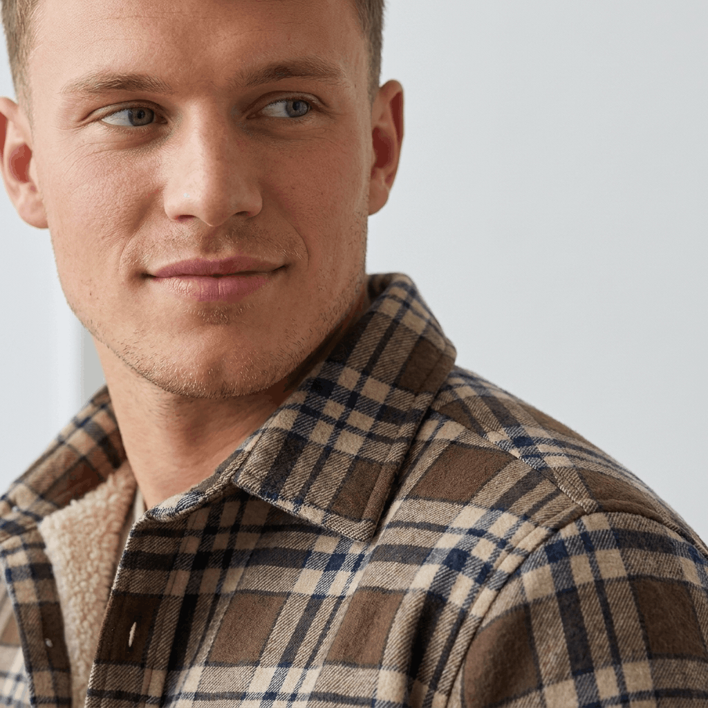 Close-up of a brown and cream plaid sherpa-lined overshirt jacket showing the plaid fabric, pointed collar, and button-front detail.