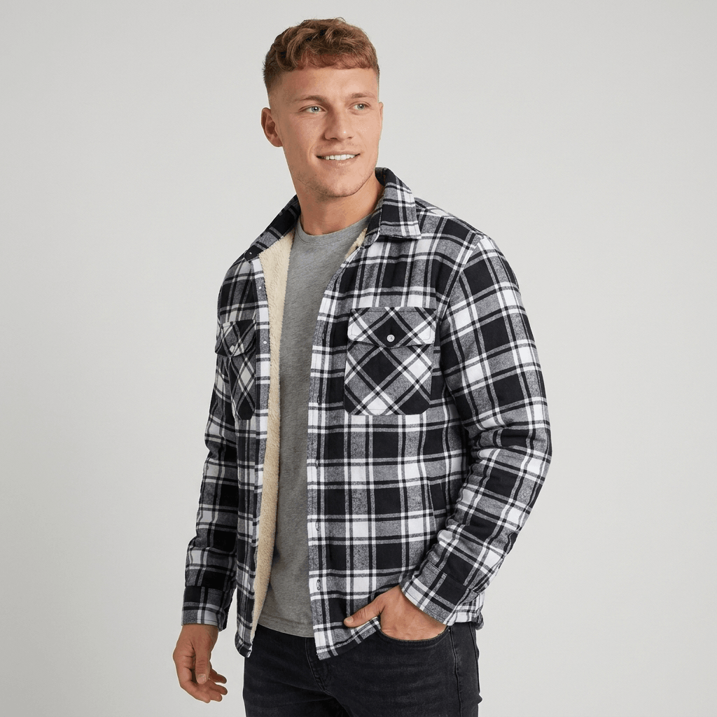 Man wearing a black and white plaid sherpa-lined overshirt jacket with a button-front closure, chest pockets, and long sleeves.