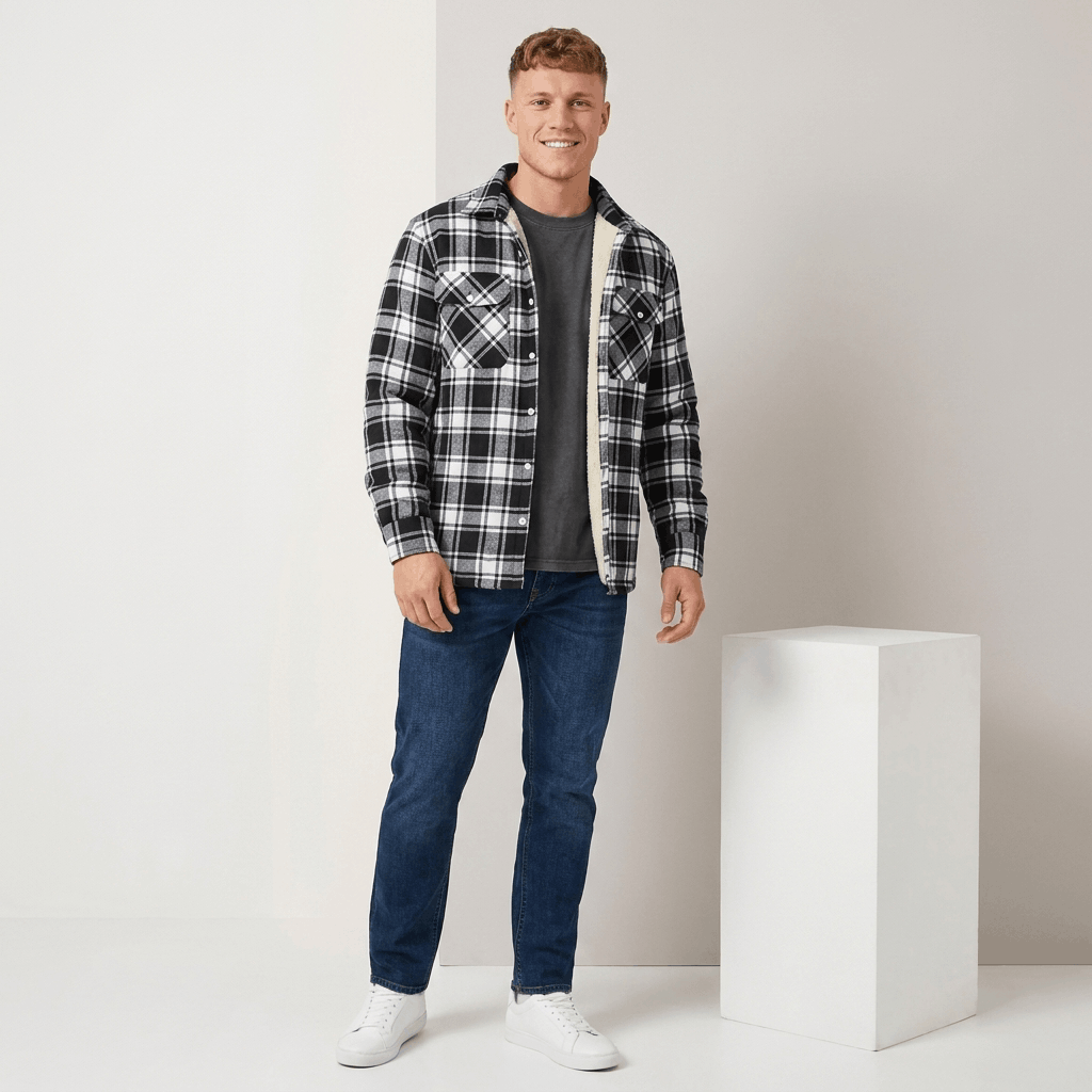 Man wearing a black and white plaid sherpa-lined overshirt jacket with a button-front closure, chest pockets, and long sleeves.