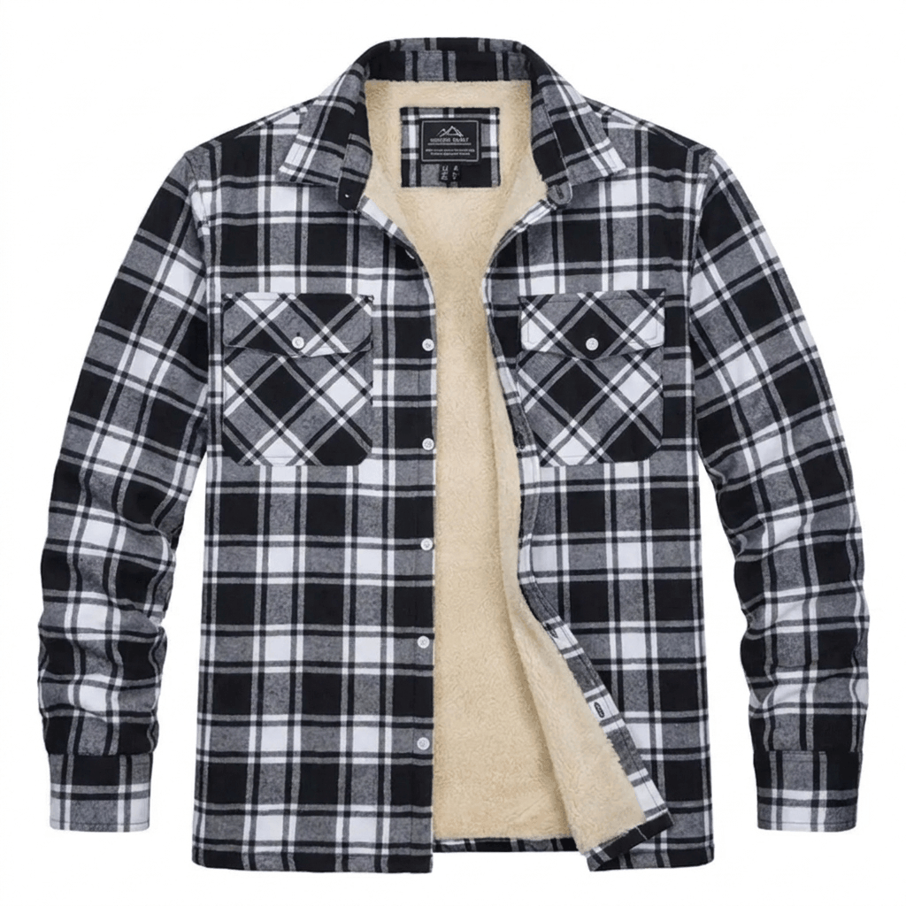 Black and white plaid sherpa-lined overshirt jacket displayed flat, featuring a button-front closure, chest pockets, pointed collar, and cream-colored lining.