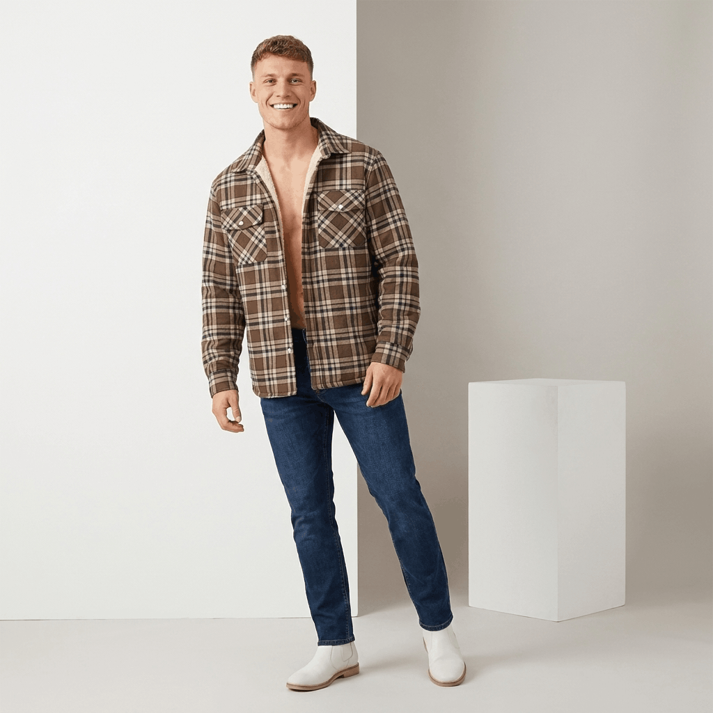 Man wearing a brown and cream plaid sherpa-lined overshirt jacket with blue jeans and white sneakers in a studio setting.