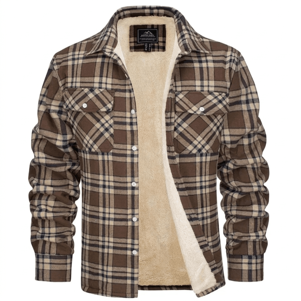 Brown and cream plaid sherpa-lined overshirt jacket displayed flat, showing the button-front closure, pointed collar, chest pockets, and cream lining.