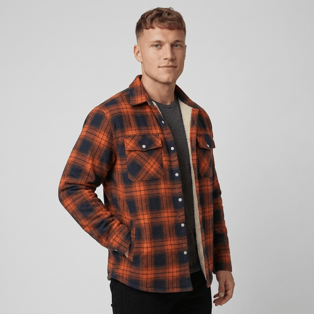 Man wearing an orange and black plaid sherpa-lined overshirt jacket over a dark shirt and beige trousers.