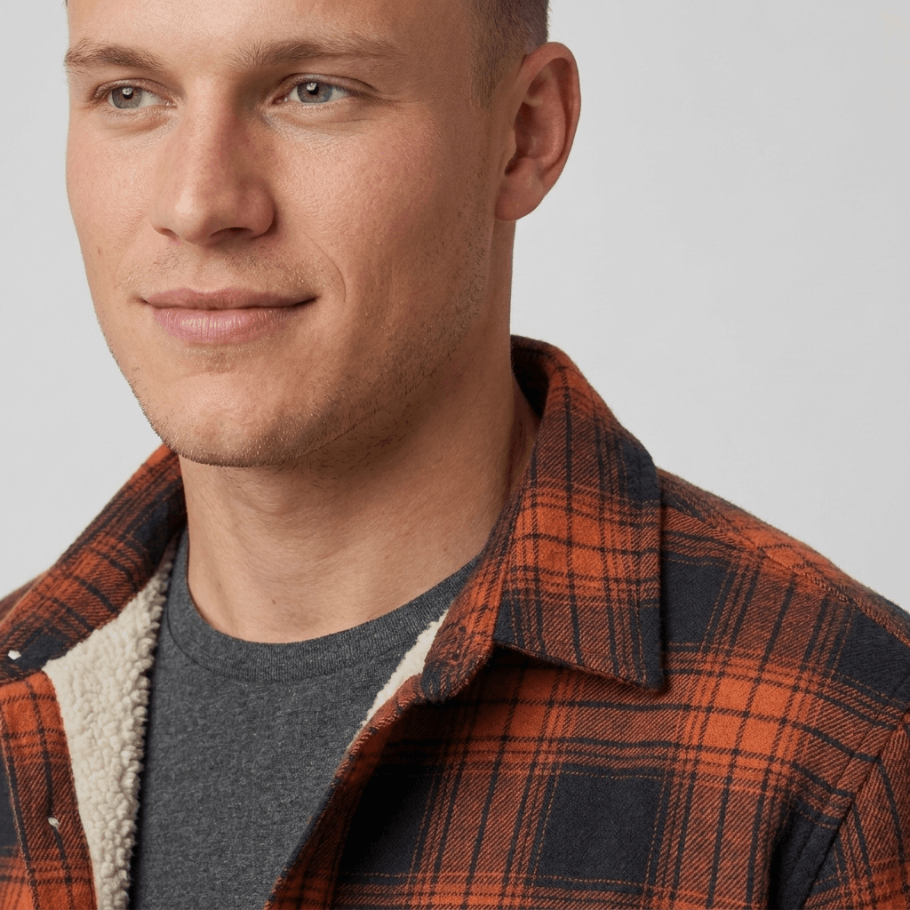 Close-up of an orange and black plaid sherpa-lined overshirt jacket showing the collar and textured plaid fabric.