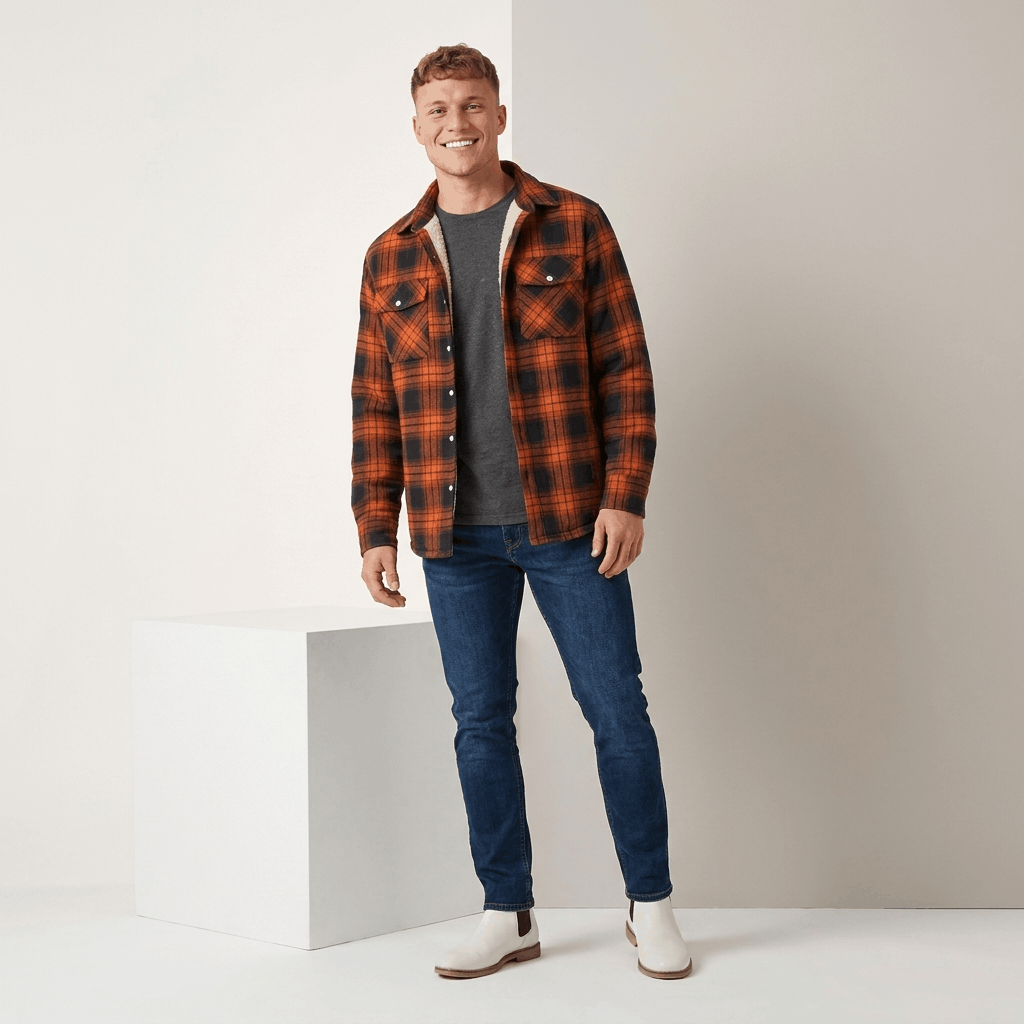 Man wearing an orange and black plaid sherpa-lined overshirt jacket with beige trousers and white sneakers in a studio setting.