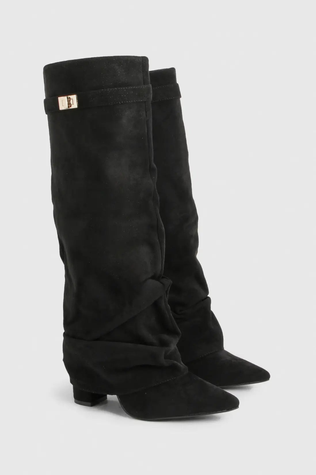 Black suede slouchy knee-high boot with a pointed toe and low block heel.