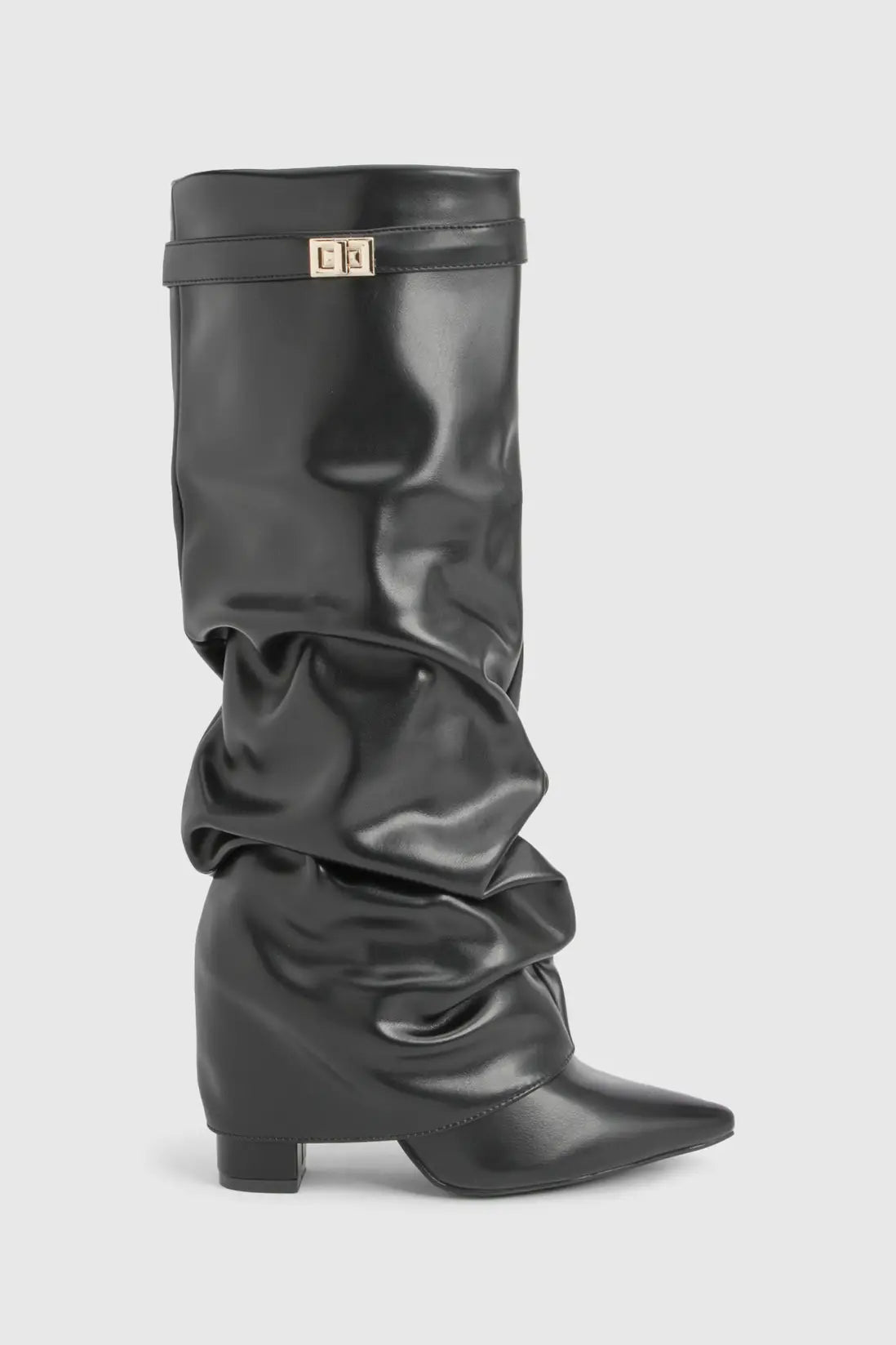Black leather ruched knee-high boot with a pointed toe and low heel.