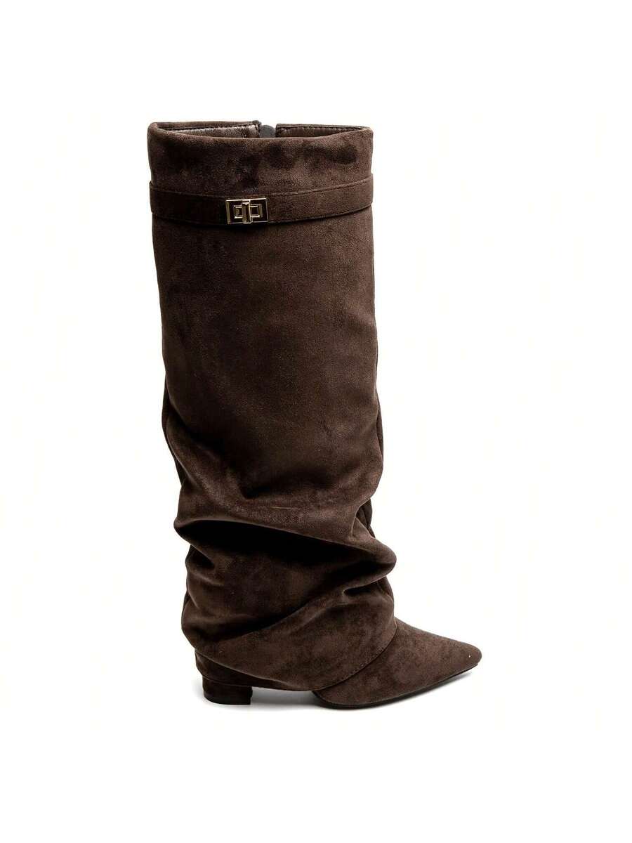 Dark brown suede slouchy knee-high boots with a small buckle detail and low heel.