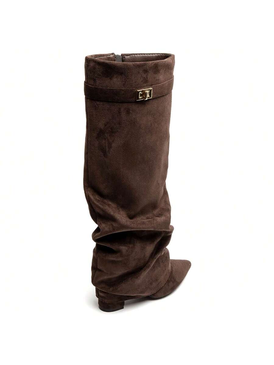 Dark brown suede slouchy knee-high boot shown from the back.