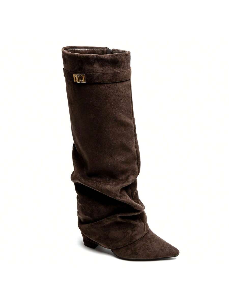 Dark brown suede slouchy knee-high boot shown from the side.