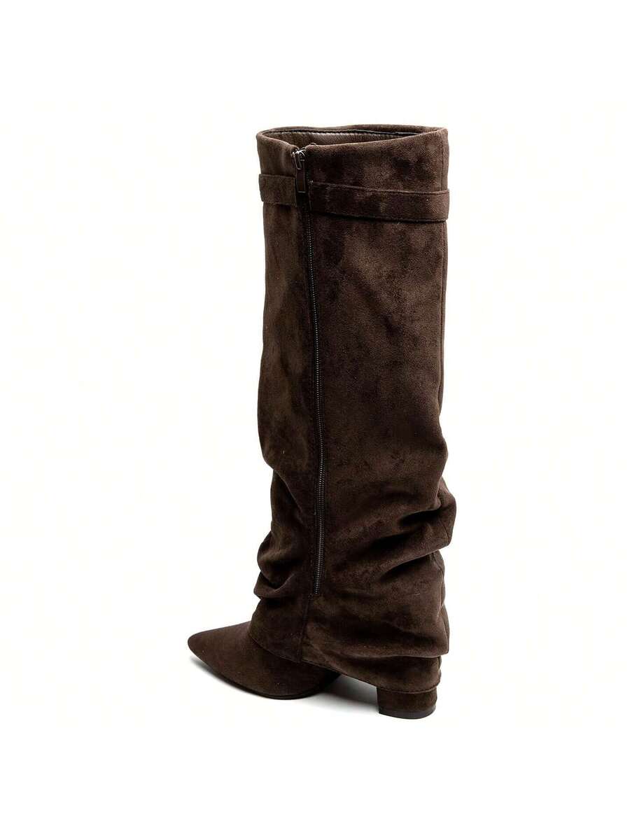 Dark brown suede knee-high boot shown from the rear with a slouchy shaft.